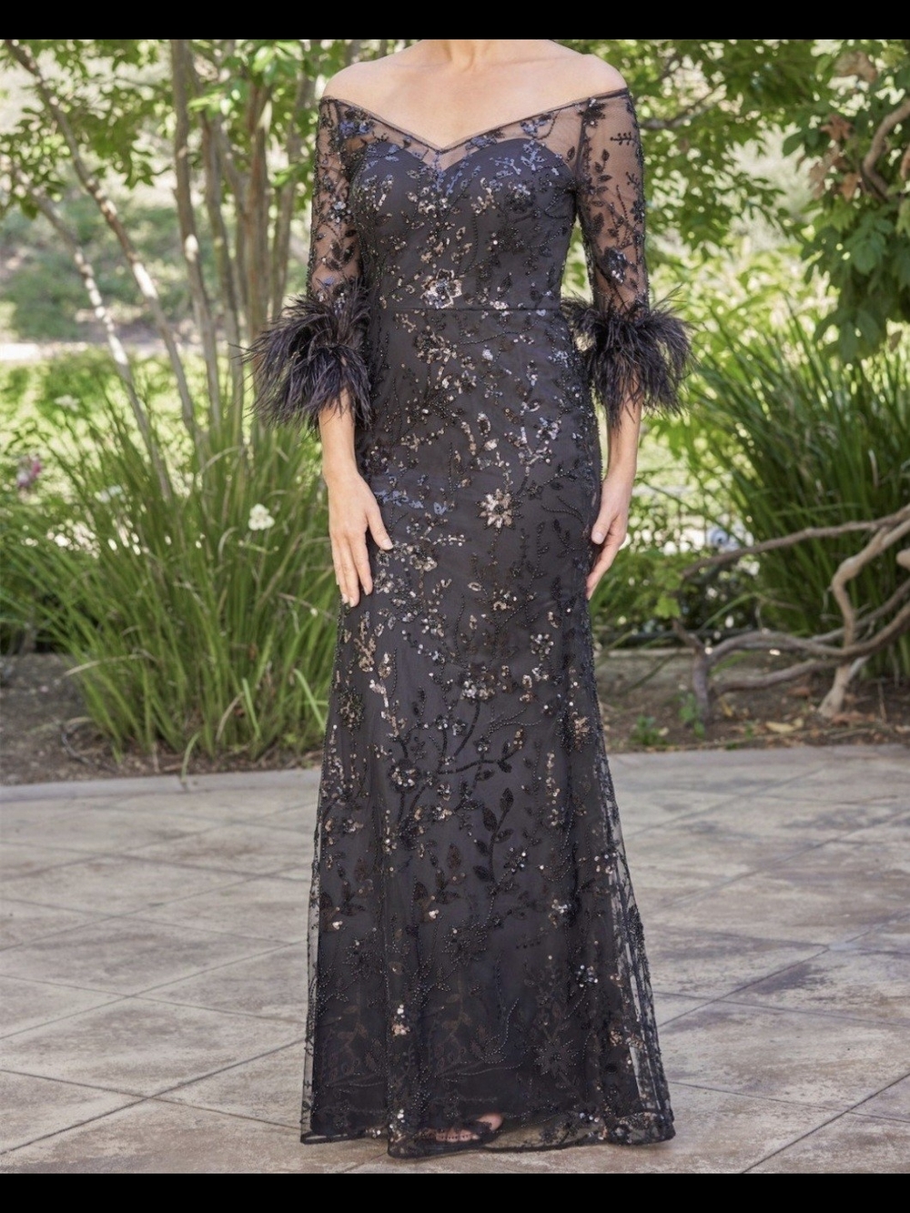 Off-Shoulder Black Embellished Evening Gown with Feather Cuffs